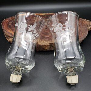 Homco Glass Peg Votive Candle Cups Hummingbird Floral Etched Pair 6”